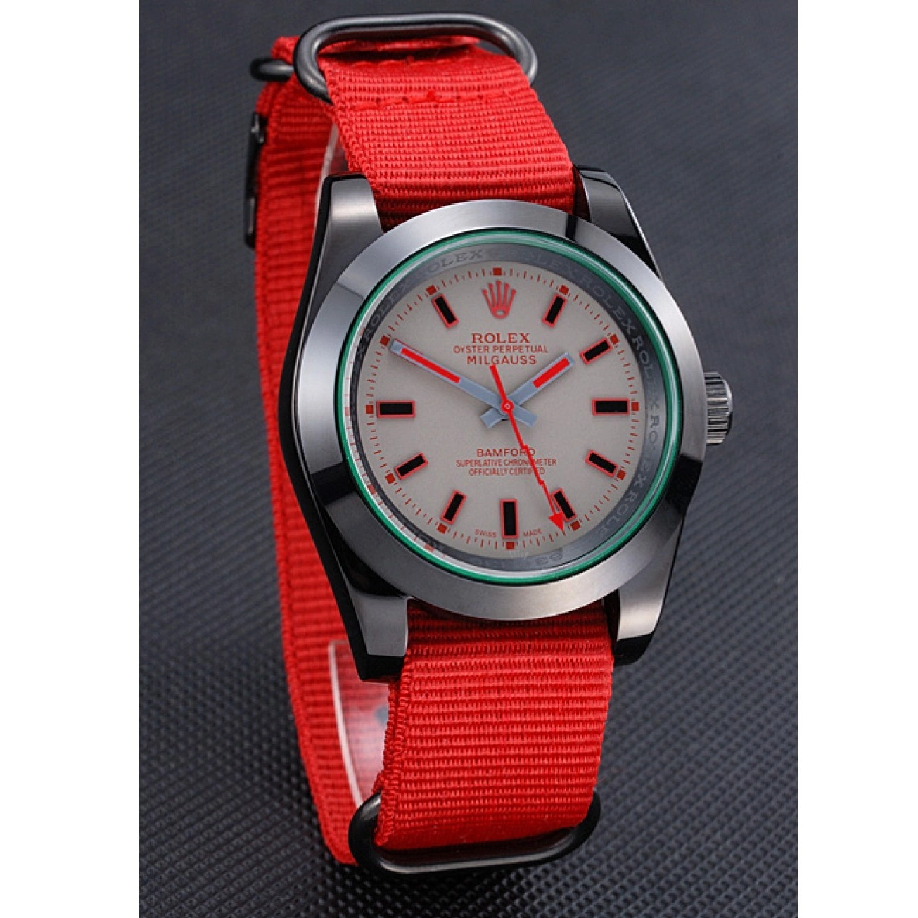 Aaa replica watch Nylon 622002 Red Milgauss Strap Rolex Bamford 0715